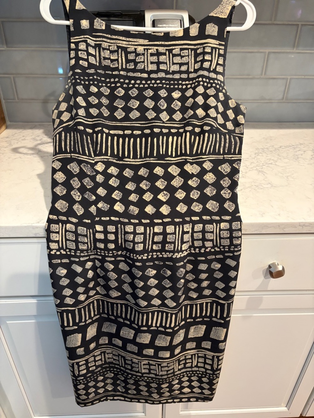 Maggy London Black and Cream Geometric Midi Sheath Dress